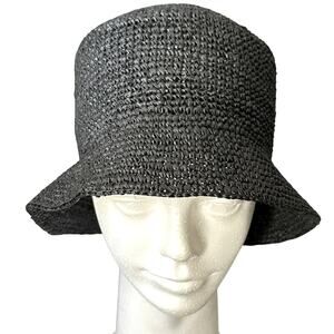 Vintage women’s straw bucket hat black Jacks Surfboards woven sun hat 23” inside
